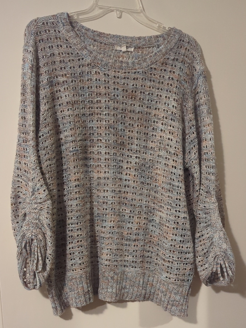 Open-Knit Light Blue Crewneck Sweater with Ruched Sleeves